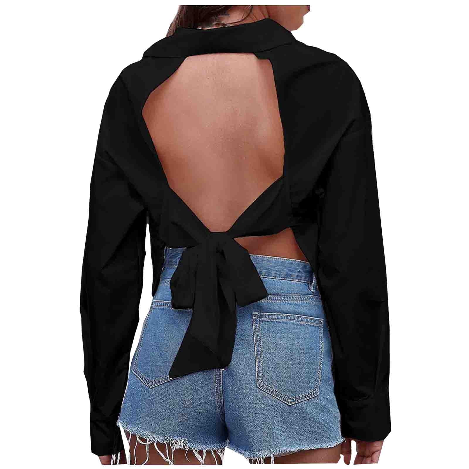 Tungbrin Women's Button down Shirts Open Back Bowknot Casual