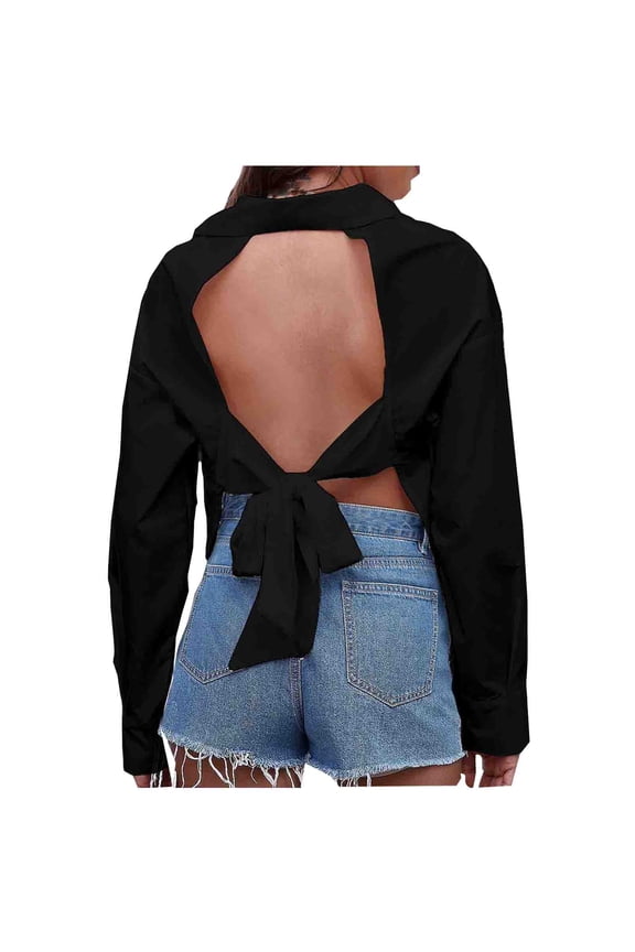 Women's Button down Shirts Open Back Bowknot Casual Blouse Long Sleeve Turn down Collar Solid Tops