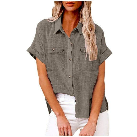 Tungbrin Women's Cotton Linen Short Sleeve Shirts Button down V Neck Solid Tees Summer Comfy Casual Blouse with Pockets