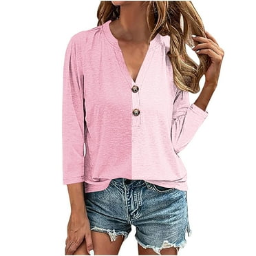 Tungbrin Women's Plus Size Color Block T Shirts 3/4 Sleeve Button up V Neck Loose Tops Summer Casual Trendy Clothes