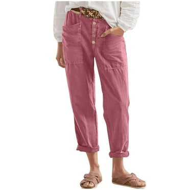 Tungbrin Women's Plus Size Cotton Linen Pants Button down Straight Leg Pants with Pockets Mid Rise Solid Lounge Trousers