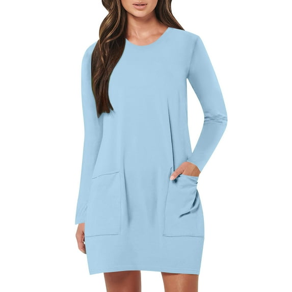 Tungbrin Women's Plus Size Ruched Dresses Soft Comfy Round Neck Trendy Dresses Long Sleeve Solid Color Loose Dresses