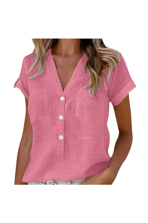 Women's Plus Size V Neck Tops 24 Summer Solid Work Casual T Shirts Short Sleeve Button down Blouse with Pockets