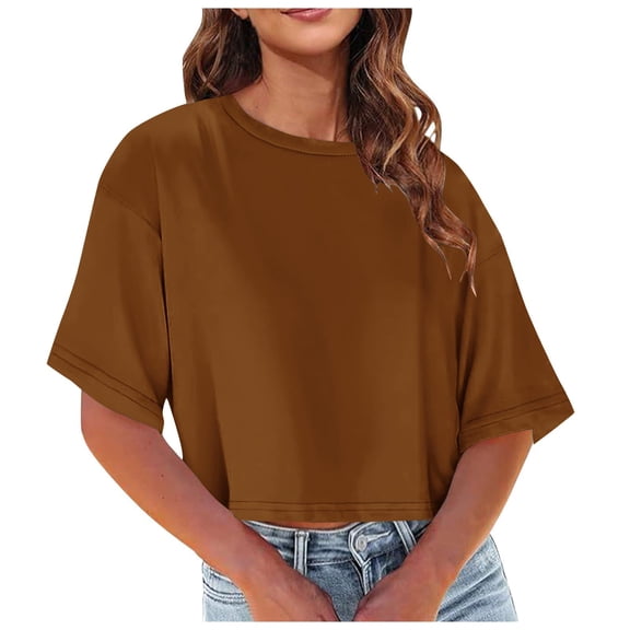 Tungbrin Women's Summer Crop Tops Half Sleeve Drop Shoulder Round Neck T-Shirts Solid Color Loose Comfy Casual Blouse