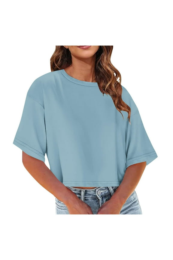 Women's Summer Crop Tops Half Sleeve Drop Shoulder Round Neck T-Shirts Solid Color Loose Comfy Casual Blouse
