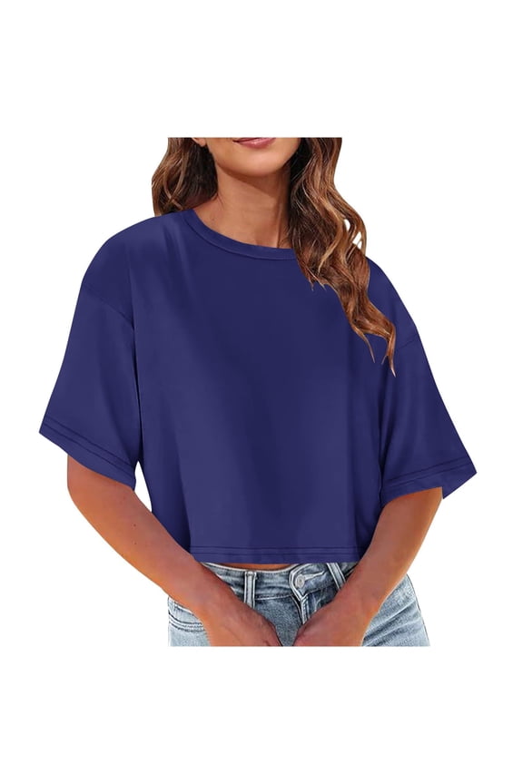Women's Summer Crop Tops Half Sleeve Drop Shoulder Round Neck T-Shirts Solid Color Loose Comfy Casual Blouse