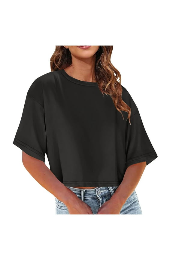 Women's Summer Crop Tops Half Sleeve Drop Shoulder Round Neck T-Shirts Solid Color Loose Comfy Casual Blouse