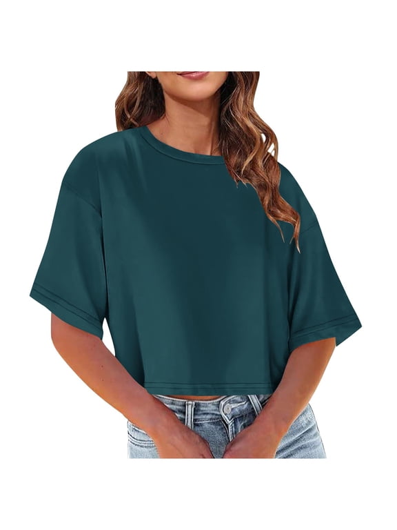 Women's Summer Crop Tops Half Sleeve Drop Shoulder Round Neck T-Shirts Solid Color Loose Comfy Casual Blouse