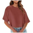 thumbnail image 1 of Tungbrin Women's Summer Crop Tops Half Sleeve Drop Shoulder Round Neck T-Shirts Solid Color Loose Comfy Casual Blouse, 1 of 7