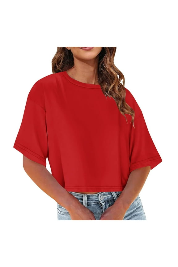 Women's Summer Crop Tops Half Sleeve Drop Shoulder Round Neck T-Shirts Solid Color Loose Comfy Casual Blouse