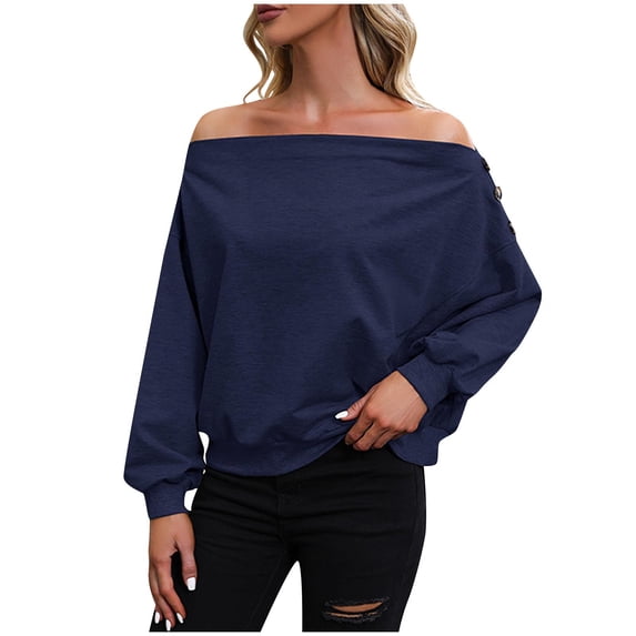 Tungbrin Women's off Shoulder Tops Long Sleeve Loose Solid Color Blouse with Side Button Lightweight Soft Comfy Casual Tees