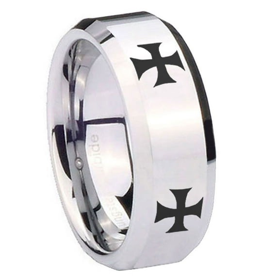 Tungsten 4 Maltese Cross 8mm Glossy Gray Polished Beveled Edges Men Ring