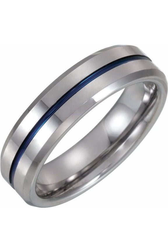 Tungsten 6 Mm Polished Grooved Inlay With Blue Enamel Comfort-Fit Band With Enameled Plating, Size 11.5