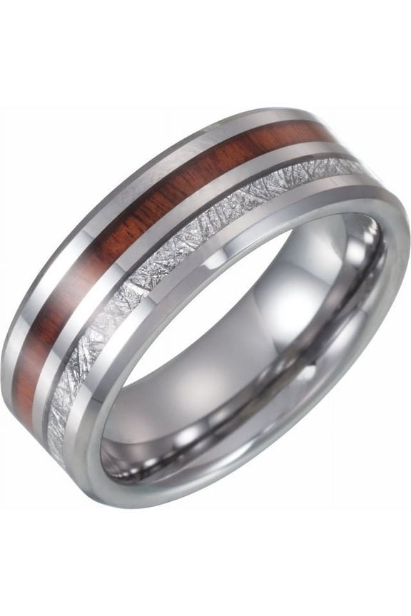 Tungsten 8 Mm Polished Imitation Meteorite And Acacia Wood Inlay Comfort-Fit Band, Size 7.5