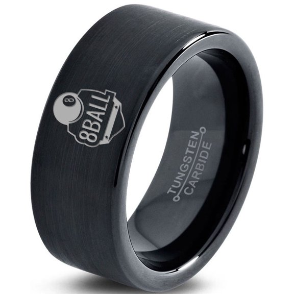 Tungsten 8-ball ring Band Ring 9mm Men Women Comfort Fit Black Flat Cut Brushed Polished