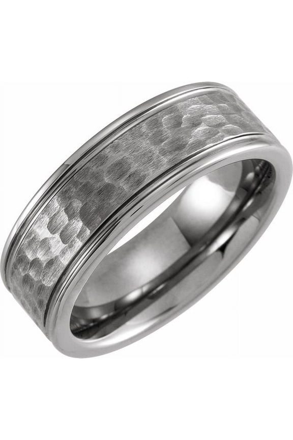 Tungsten 8 mm Grooved Inlay Comfort-Fit Flat Band With Hammer Finish Size 13.5