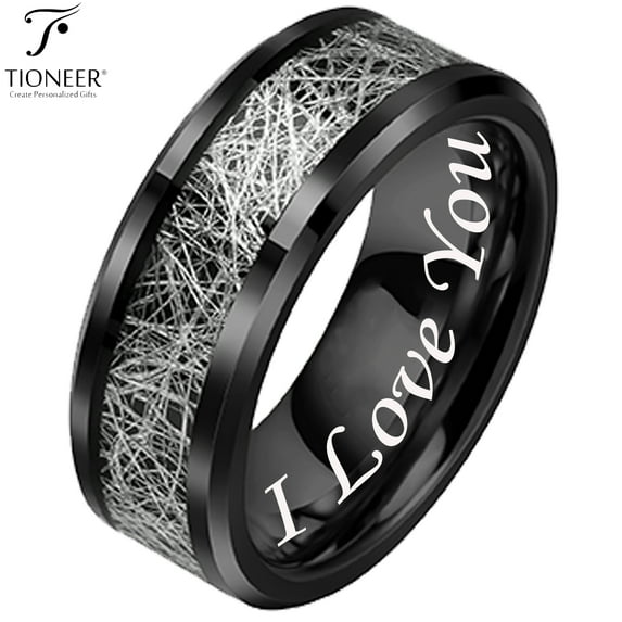 Tioneer Tungsten Ring Inlay in Black IP Diamond Finish Men Women Comfort Fit w/ Free Engraving 8mm