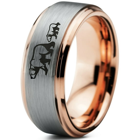 Tungsten Adult Bear Cub Following Walking Band Ring 8mm Men Women Comfort Fit 18k Rose Gold Step Bevel Edge Brushed Polished