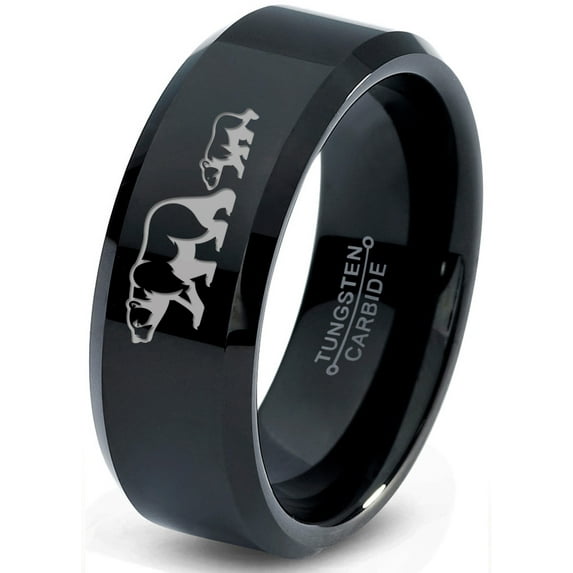 Tungsten Adult Bear Cub Following Walking Band Ring 8mm Men Women Comfort Fit Black Beveled Edge Polished