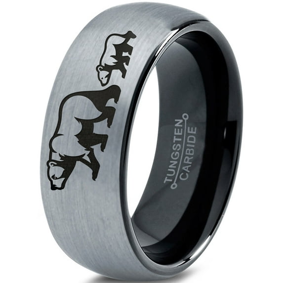 Tungsten Adult Bear Cub Following Walking Band Ring 8mm Men Women Comfort Fit Black Dome Brushed Gray Polished