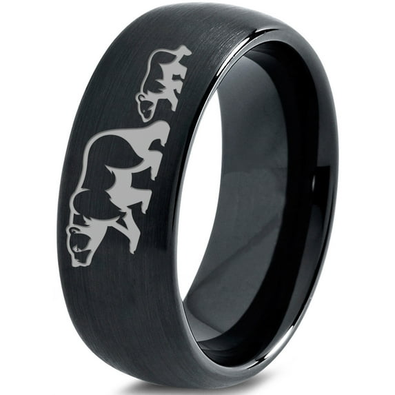 Tungsten Adult Bear Cub Following Walking Band Ring 8mm Men Women Comfort Fit Black Dome Brushed Polished