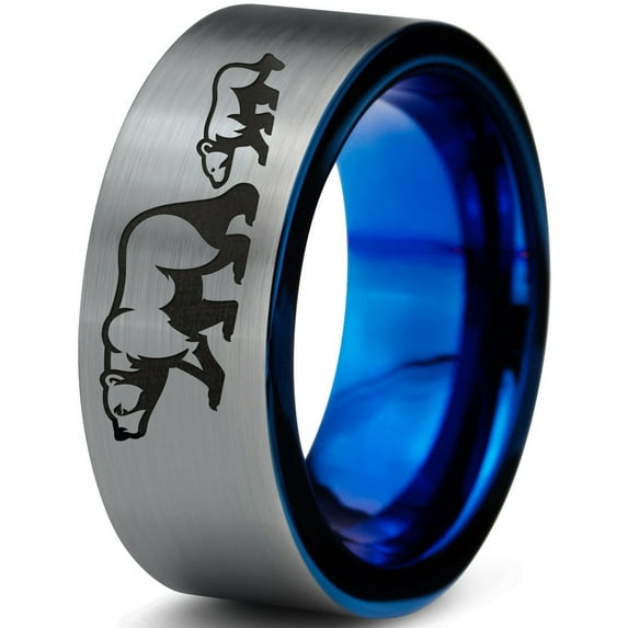 Tungsten Adult Bear Cub Following Walking Band Ring 8mm Men Women Comfort Fit Blue Flat Cut Brushed Gray Polished