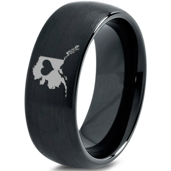 Tungsten Alaska The Last Frontier State Heart Band Ring 8mm Men Women Comfort Fit Black Dome Brushed Polished