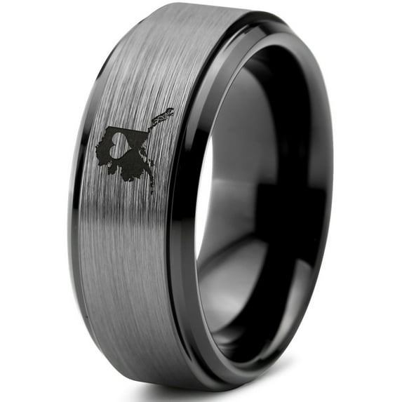Tungsten Alaska The Last Frontier State Heart Band Ring 8mm Men Women Comfort Fit Black Step Bevel Edge Brushed Gray Polished