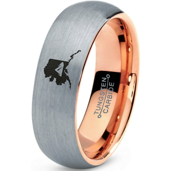 Tungsten Alaska The Last Frontier State Mountain Band Ring 7mm Men Women Comfort Fit 18k Rose Gold Dome Brushed Gray Polished