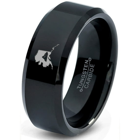 Tungsten Alaska The Last Frontier State Mountain Band Ring 8mm Men Women Comfort Fit Black Beveled Edge Polished