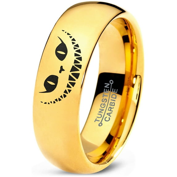 Tungsten Alice in Wonderland Cheshire Cat Band Ring 7mm Men Women Comfort Fit 18k Yellow Gold Dome Polished