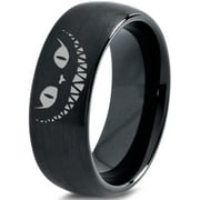 ZEALOT JEWELRY Tungsten Alice in Wonderland Cheshire Cat Band Ring 8mm Men Women Comfort Fit Black Dome Brushed Polished