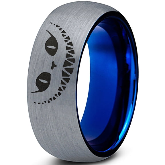 Tungsten Alice in Wonderland Cheshire Cat Band Ring 8mm Men Women Comfort Fit Blue Dome Brushed Gray Polished