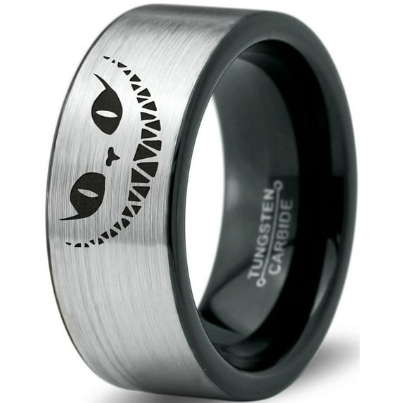 Tungsten Alice in Wonderland Cheshire Cat Band Ring 8mm Men Women Comfort Fit Brushed Gray Flat Cut Black Polished