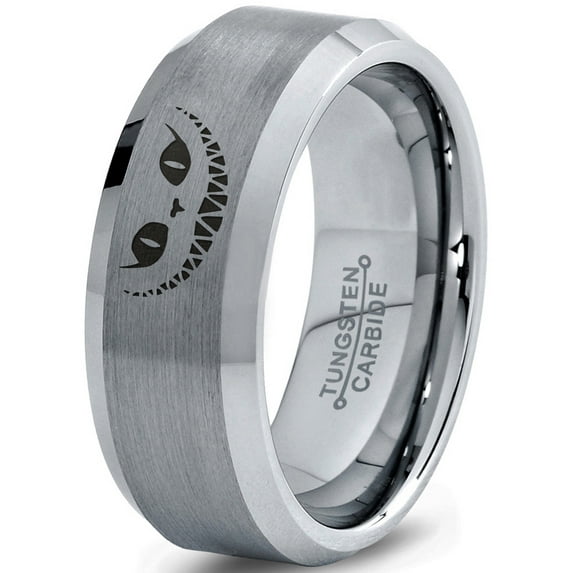 Tungsten Alice in Wonderland Cheshire Cat Band Ring 8mm Men Women Comfort Fit Gray Bevel Edge Brushed Polished