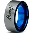 thumbnail image 1 of Tungsten Always Typography Writing Band Ring 8mm Men Women Comfort Fit Blue Flat Cut Brushed Gray Polished, 1 of 4