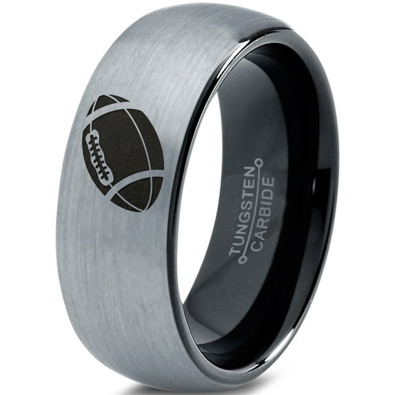 Tungsten American Football Ball Band Ring 8mm Men Women Comfort Fit Black Dome Brushed Gray Polished