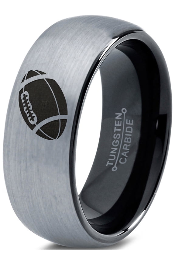 Tungsten American Football Ball Band Ring 8mm Men Women Comfort Fit Black Dome Brushed Gray Polished