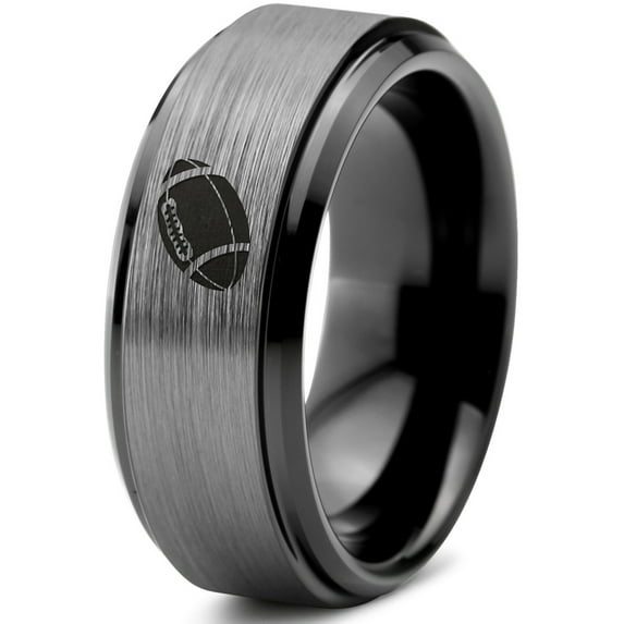 Tungsten American Football Ball Band Ring 8mm Men Women Comfort Fit Black Step Bevel Edge Brushed Gray Polished