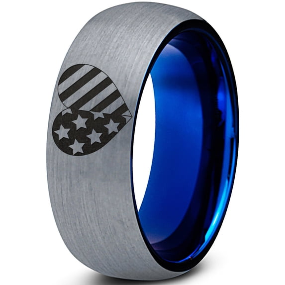 Tungsten American Heart Shaped Flag Band Ring 8mm Men Women Comfort Fit Blue Dome Brushed Gray Polished