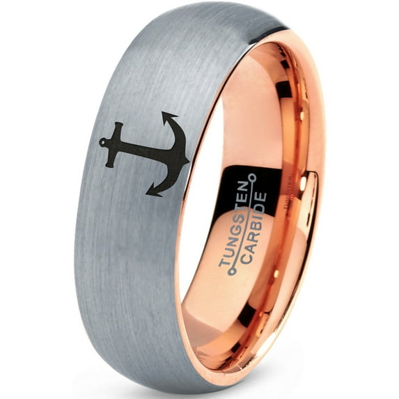 Tungsten Anchor Band Ring 7mm Men Women Comfort Fit 18k Rose Gold Dome Brushed Gray Polished