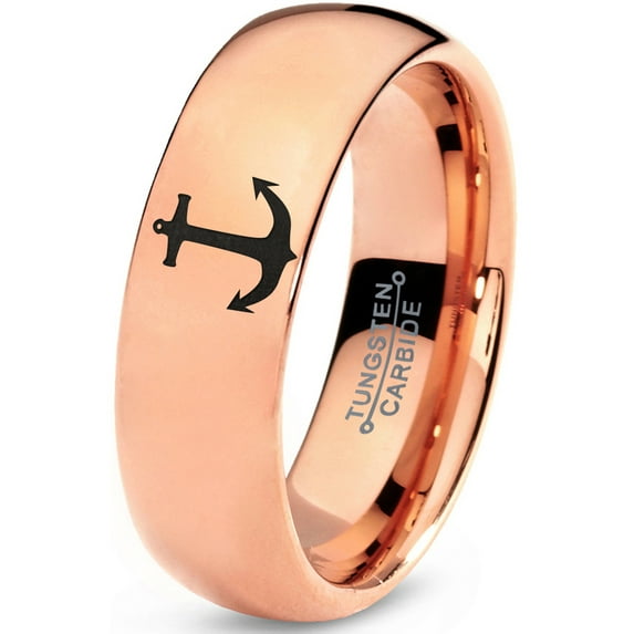 Tungsten Anchor Band Ring 7mm Men Women Comfort Fit 18k Rose Gold Dome Polished