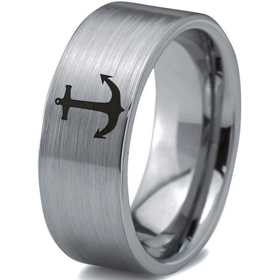 Tungsten Anchor Band Ring 8mm Men Women Comfort Fit Gray Flat Cut Brushed Polished
