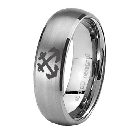 Tungsten Anchor Design 8mm Brushed Gray Dome Polished Edges Men Ring