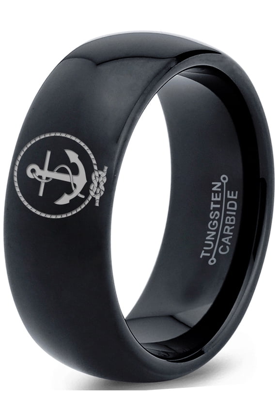 Tungsten Anchor Rope Band Ring 8mm Men Women Comfort Fit Black Dome Polished