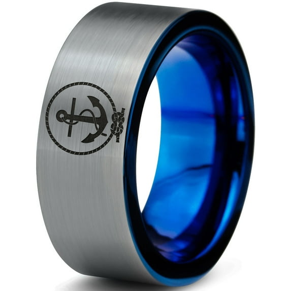 Tungsten Anchor Rope Band Ring 8mm Men Women Comfort Fit Blue Flat Cut Brushed Gray Polished