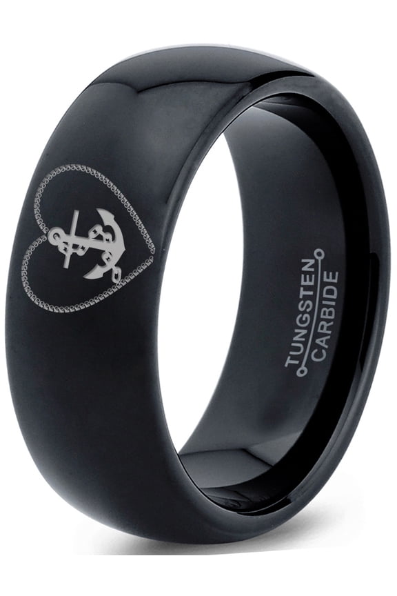 Tungsten Anchor Sailor Heart Love Band Ring 8mm Men Women Comfort Fit Black Dome Polished