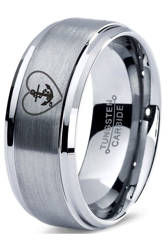 Tungsten Anchor Sailor Heart Love Band Ring 8mm Men Women Comfort Fit Gray Step Bevel Edge Brushed Polished