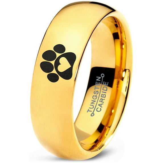 Tungsten Animal Paw Print Heart Band Ring 7mm Men Women Comfort Fit 18k Yellow Gold Dome Polished