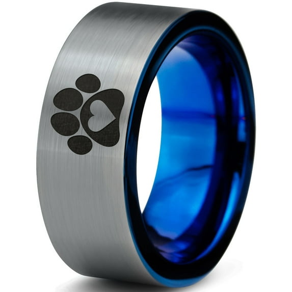 Tungsten Animal Paw Print Heart Band Ring 8mm Men Women Comfort Fit Blue Flat Cut Brushed Gray Polished